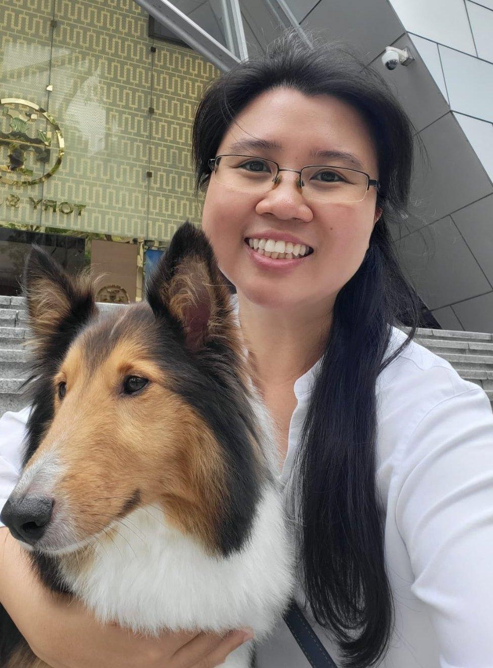 Jean, founder of Balms and Blossoms, with a rough collie